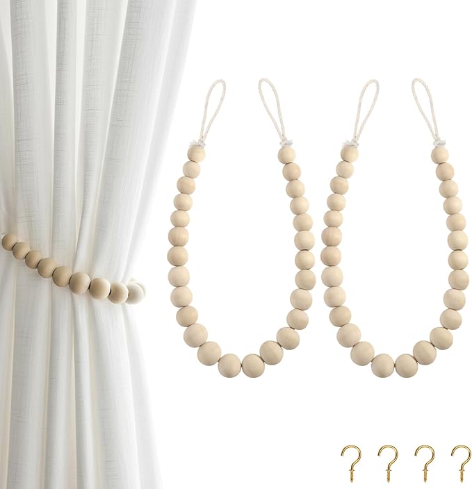 Hion 2 Pcs Boho Curtain Tiebacks,Wood Beads Curtain Holdbacks,Outdoor Farmhouse Tie Backs for Curtains,Curtain Holders for Drapes Home Office Decor with Hooks(Wood Color)