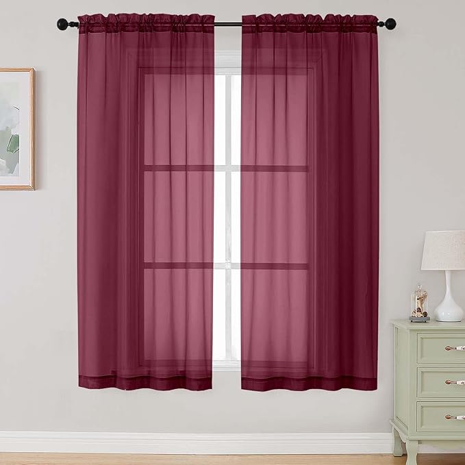 Burgundy Sheer Curtains 63 Inch Length 2 Panels Set for Living Room Bedroom, Airy Soft Light Filtering Sheer Dining Room Curtains, Modern Rod Pocket Drapes, Burgundy, Each 42" Wx63 L
