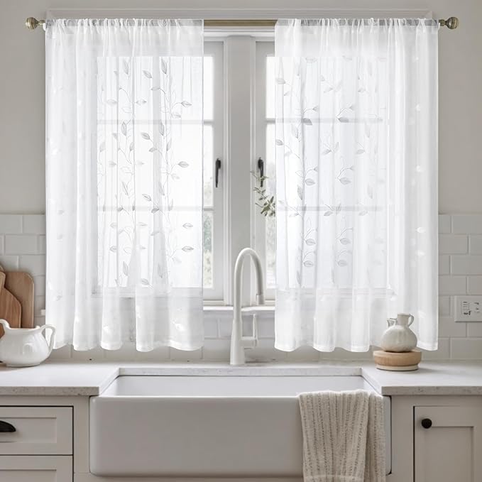 HOMEIDEAS White Sheer Kitchen Curtains 52 x 45 Inch Length 2 Panels Embroidered Leaf Pattern Short Curtains for Bedroom Half Small Window Rod Pocket Tiers