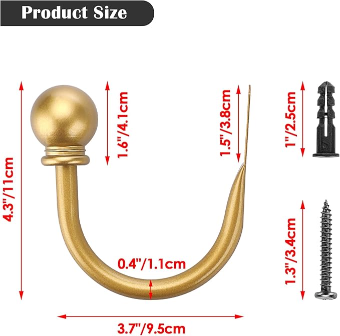 Sumnacon Set of 2 Decorative Curtain Holdbacks, Wall Mounted Aluminum Alloy Window Drapery Tiebacks for Bedroom, Livingroom Office Come with Screws, Gold