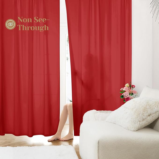 HOMEIDEAS Christmas Non-See-Through Red Privacy Sheer Curtains, 52 X 63 Inches Long 2 Panels Sheer Curtains Light Filtering Window Drapes for Bedroom Living Room