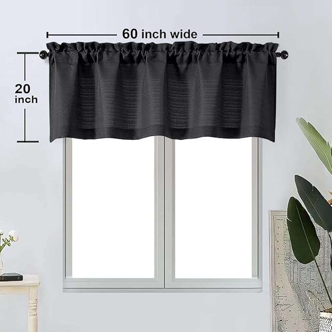 OWENIE Bob 1 PCS Black Valances for Windows, Faux Linen Textured Kitchen Window Curtains Valance for Bedroom Living Room, Modern Soft Airy Solid Rod Pocket Bathroom Cafe Curtain, 60Wx20L Inch
