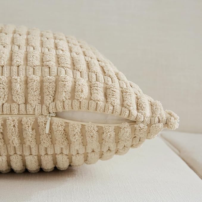 Fancy Homi 4 Packs Tan Decorative Throw Pillow Covers 12x24 Inch for Living Room Couch Bed Sofa, Beige Rustic Farmhouse Boho Home Decor, Soft Plush Striped Corduroy Square Cushion Case 30x60 cm