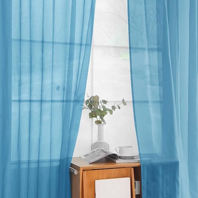 youleyar Solid Sheer Rod Pocket Curtain Voile Draperies 2 Panels White Beige Black Grey Ivory 52 Inch Width 72 Inch Long 1 Pair for Kitchen Bedroom Children Living Room Yard (Blue,52Wｘ72L)