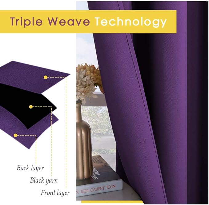 NICETOWN Bedroom Curtains Blackout Drapery Panels, 2 Panels, 70 x 72 inches, Royal Purple, Three Pass Microfiber Thermal Insulated Solid Ring Top Blackout Window Curtains/Drapes
