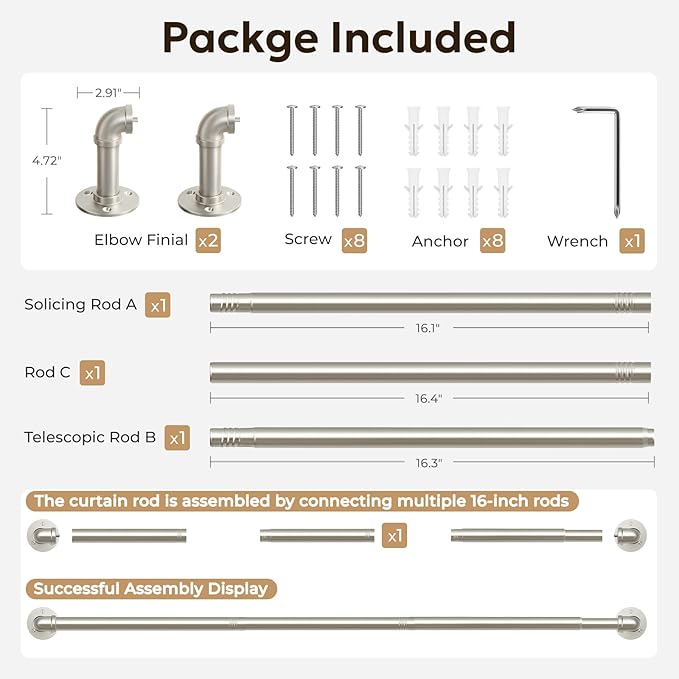 Zeerobee Curtain Rods for Windows 32 to 48, 1 Inch Industrial Wrap Around Brushed Nickel Curtain Rod, Indoor/Outdoor Room Divider Adjustable Drapery Pole, 32"-48"