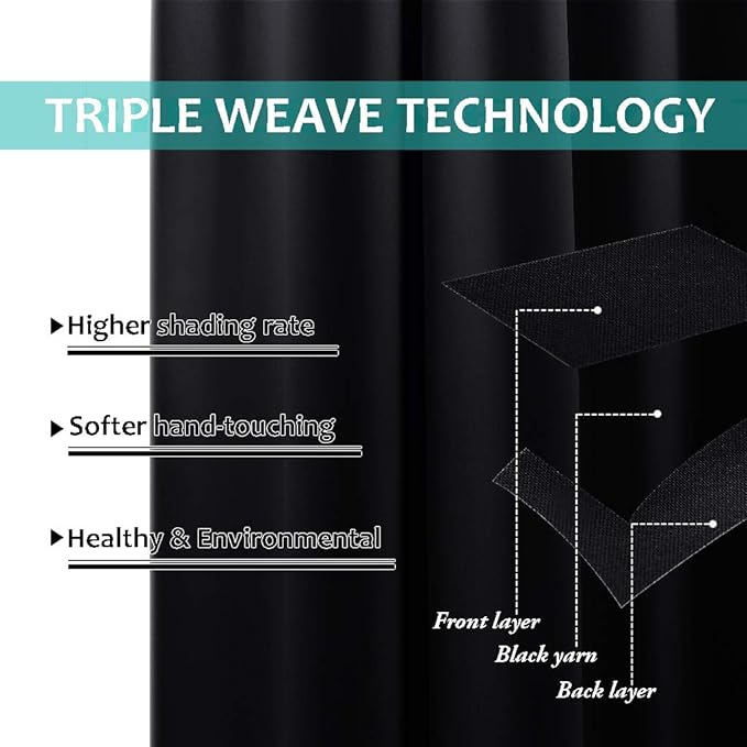 NICETOWN Extra Long Truly Blackout Drapes for Hall and Villa, 46-inch Width Each Panel, 45-inch Length, Black, 2 Pieces, 100% Blackout Window Curtain Panels with Black Lined for Night Shift Worker