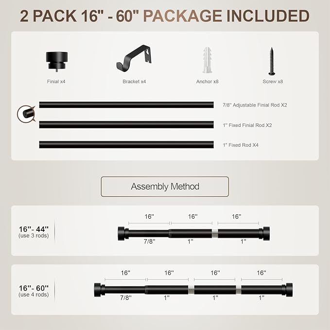 Lootkell 2 Pack Modern Black Curtain Rods Set for Windows 28 to 48 Inches Adjustable Length Heavy Duty 1" Diameter Window Curtain Rod with Decorative Finials for Outdoor Bedroom Kitchen Living Room