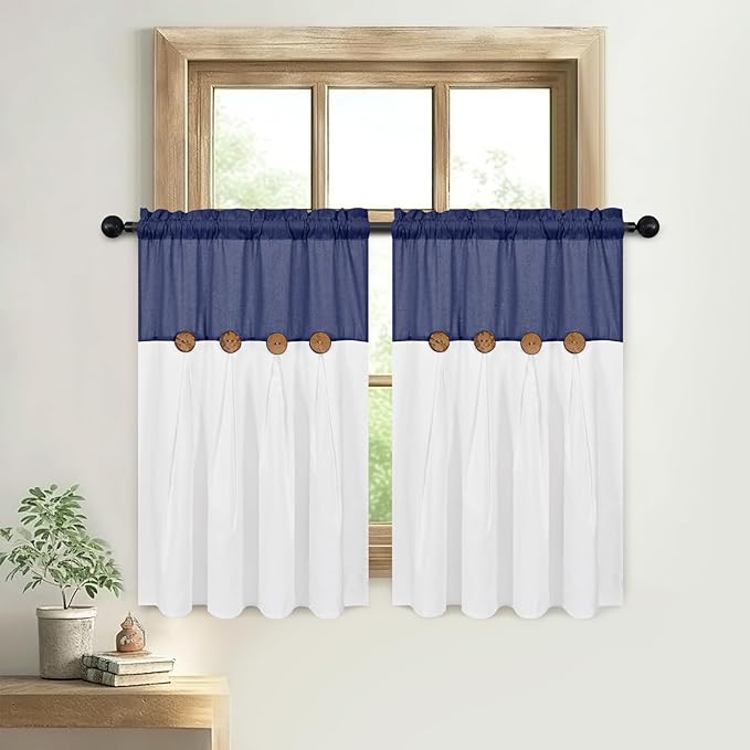 FRAMICS Boho Kitchen Curtains, 36 Inch Length, Farmhouse Cotton Linen Tier Curtains, Navy Blue, 26x36