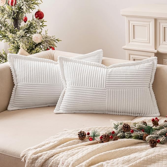 MIULEE Decorative Lumbar Throw Pillow Covers for Couch Bed Livingroom 12x20 Inch Set of 2 White Boho Accent Throw Pllows Broadside Striped Patchwork Soft Corduroy Pillowcases