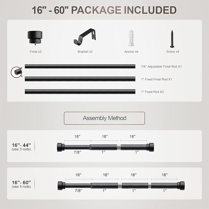 Lootkell Modern Matte Black Curtain Rods for Windows 16 to 60 Adjustable Length Heavy Duty 1" Diameter Window Curtain Rod with Solid Metal Finials for Outdoor Farmhouse Bedroom Kitchen Living Room