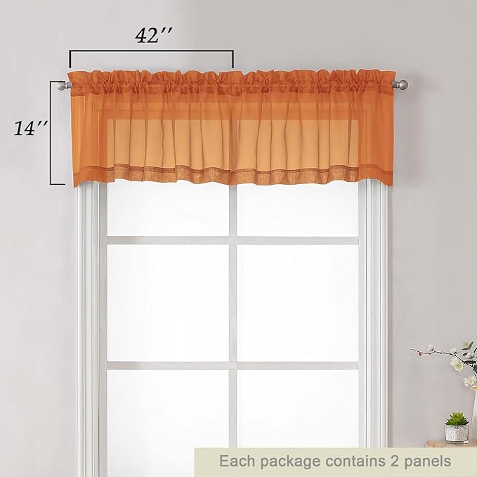 Orange Valances for Windows, Orange Sheer Curtains 14 Inch Length 2 Pack Kitchen Drapes, Modern Solid Mini Small Window Curtains for Cafe Bathroom Basement, Each 42" Wx14 L Inches