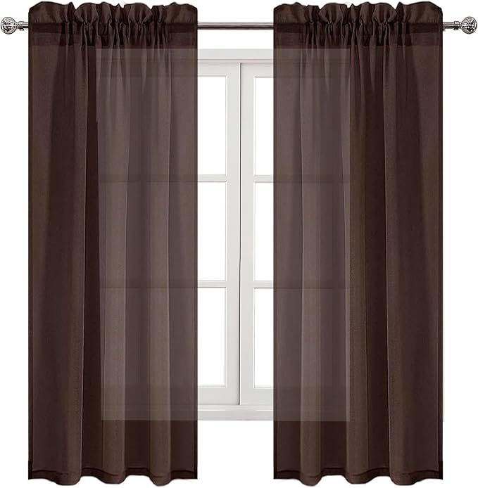 DWCN Brown Sheer Curtains Semi Transparent Voile Rod Pocket Curtains for Bedroom and Living Room, 42 x 72 inches Long, Set of 2 Panels