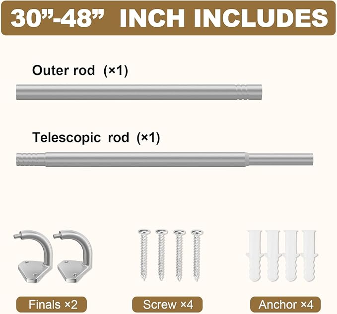 GXOACKJ Silver Curtain Rods for Windows 28 to 48 inch, 5/8 inch Adjustable Wrap Around Blackout Curtain Rods for Bedroom & Outdoor