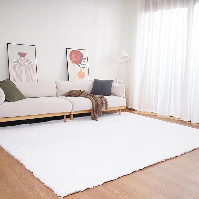 Ghouse White Faux Rabbit Fur Rug 6x9 Machine Washable Area Rugs for Bedroom Fluffy Rugs for Living Room No-Shedding Carpet Sheepskin Rug