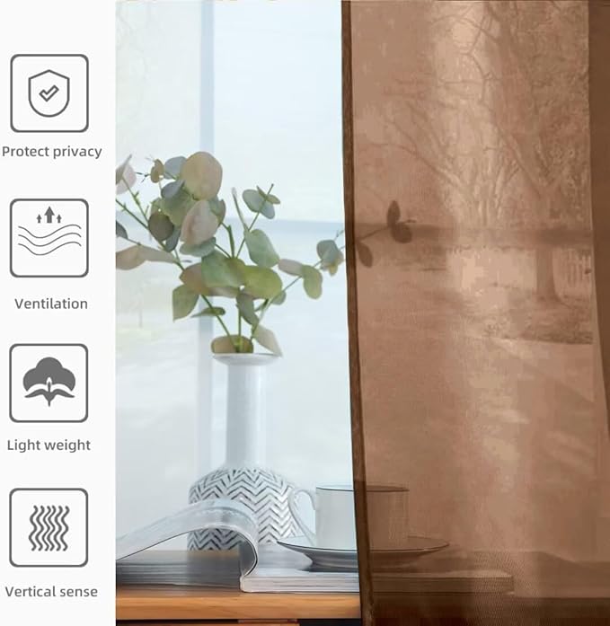 youleyar Solid Sheer Rod Pocket Curtain Voile Draperies 2 Panels White Beige Black Grey Coffee 52 Inch Width 84 Inch Long 1 Pair for Kitchen Bedroom Children Living Room Yard (Brown,52Wｘ84L)