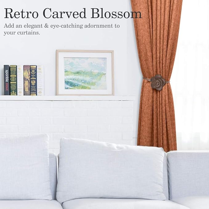 Lewondr Magnetic Curtain Tieback, Vintage Curtain Holdback, Resin Flower Curtain Ties with Rope Drapery Retro Window Curtain Decorative Buckle Holder for Outdoor, Home, and Cafe Balcony, Light Coffee