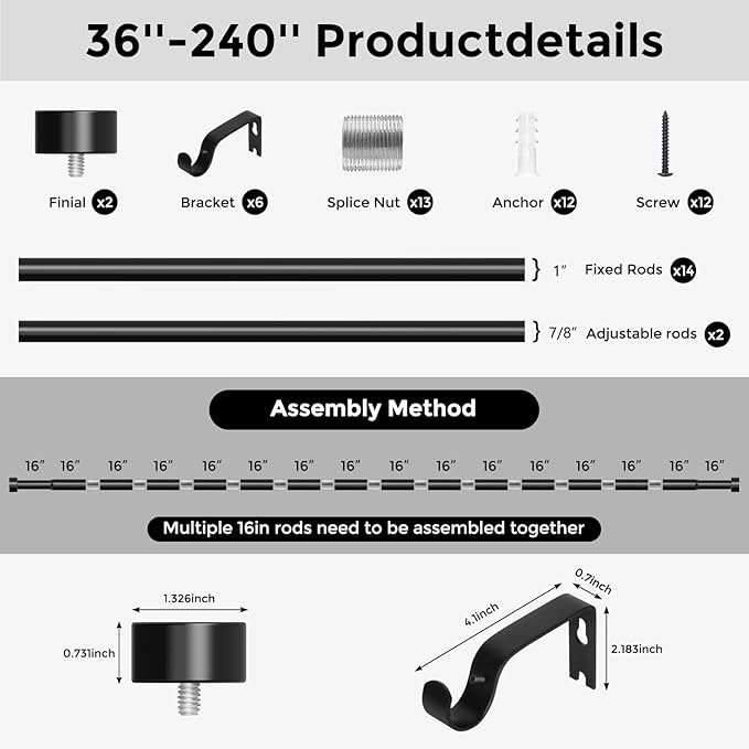 Black Curtain Rods for Windows 170 to 240 Inch(3-20 Feet),extra long drapery rod for large window,1" Diameter Rods with Modern Style End Cap Finials,Size:36-240 Inch