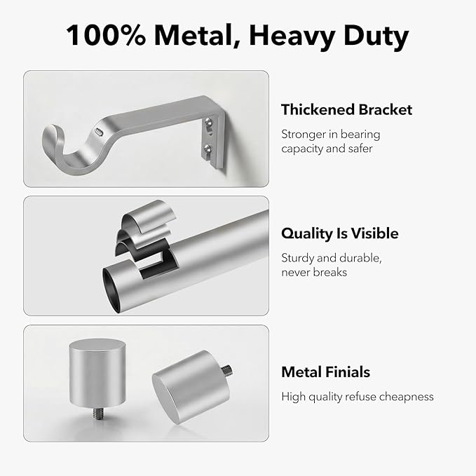 IFELS Heavy Duty Curtain Rods for Windows 28 to 48 Inch, 1 Inch Silver Curtain Rods for Outdoor, Farmhouse, Bedroom, Kitchen, Living Room, Adjustable Easy Install Drapery Rod (A2,Silver,30"-60")