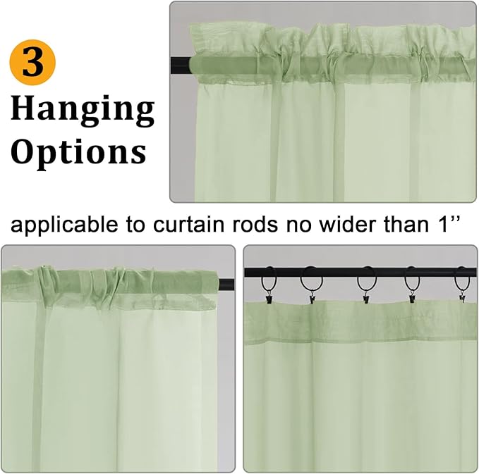 Gwine Light Green Valances for Windows, Small Light Filtering Rod Pocket Cafe Valance Curtains, Soft Sheer Curtain for Bathroom Laundry Basement, 42Wx14L inch, 2 Pieces