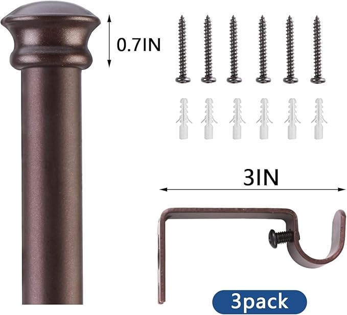 Small Curtain Rods for Windows 30" to 60" 5/8 Inch Standard Decorative Brown Curtain Rod with Brackets Easy to Install for Bedroom Living room Kitchen