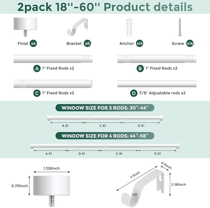 VOIIY 2 Pack Curtain Rods for Windows 28 to 48 Inch(1.5-5 Feet),White 1'' Diameter Drapery Rods with End Cap Style Design,Modern Adjustable Heavy Duty Curtain Rod,Size:30''-60''