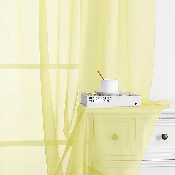 Chyhomenyc Sheer Curtains 63 Inch Length 2 Panels Set - Light Filtering Rod Pocket Window Curtain Treatment Drapes for Bedroom Living Room, 42Wx63L Inch, Light Yellow