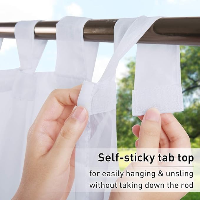 RYB HOME Detachable Sticky Tab Top Outdoor Curtain White Sheer for Patio Arbor Cabana, Privacy Voile Light & Airy Panel for Pavilion Farmhouse Cabin, 1 Free Rope, Wide 54 x Long 108 inches