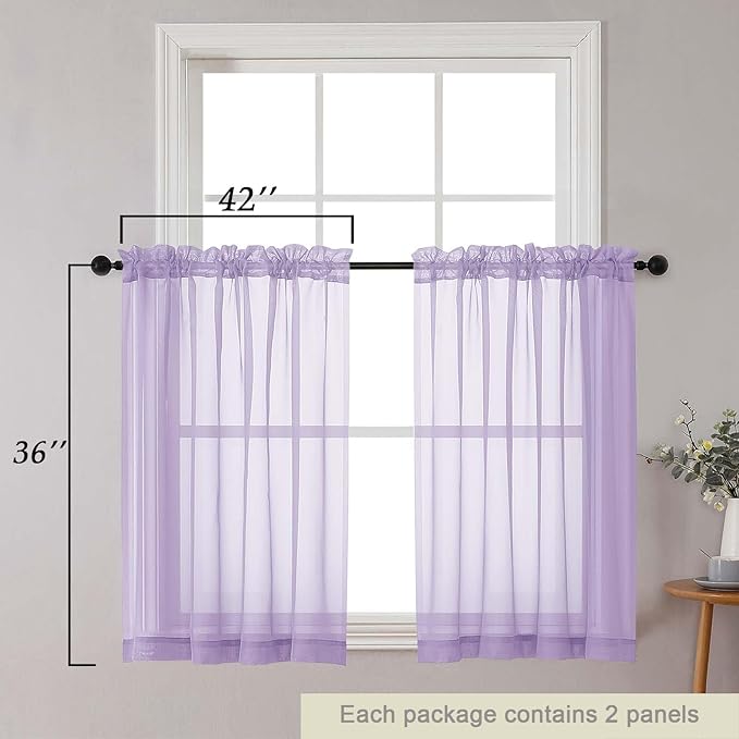 Cafe Curtains 36 Inch Length Tier 2 Pieces, Modern Soft Airy Sheer Kitchen Short Curtains for Small Window, Rod Pocket Small Curtain for Bathroom Basement, Lavender, Each, 42" Wx36 L Inches