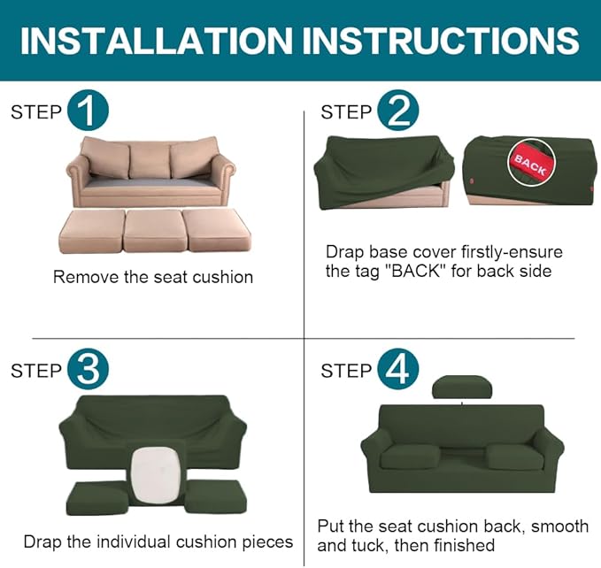 Turquoize 4 Piece Sofa Covers for 3 Cushion Couch Sofa Slipcover Soft Couch Cover for Dogs-Washable Sofa Furniture Covers with 3 Individual Large Cushion Covers (XL Sofa, Olive)