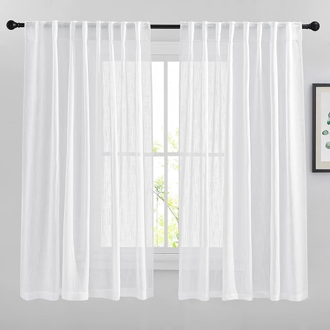 NICETOWN White Sheer Linen Curtains Natural Style, Rod Pockets & Back Tab Privacy Semi Sheer Window Treatments Vertical Drapes Soft and Elegant for Bedroom/Living Room, W66 x L63, 2 Panels