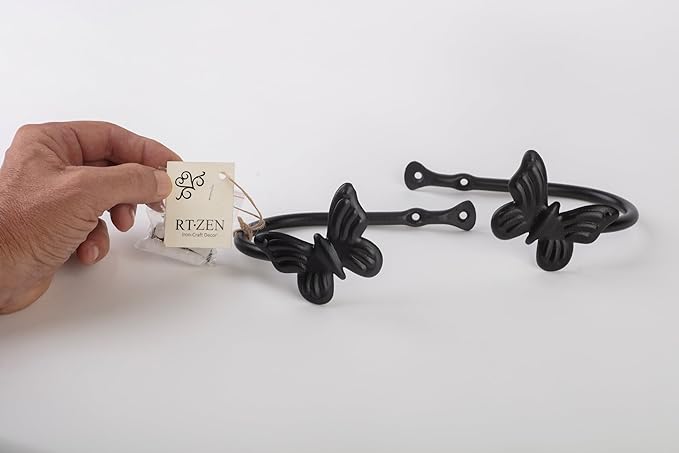 RTZEN Decorative Metal Curtain Tiebacks - Farmhouse Wrought Iron Curtain Holdbacks - Drapery Holders for Wall - Unique Metal Tie Backs for Curtains - 2 Pcs (Black Butterfly)