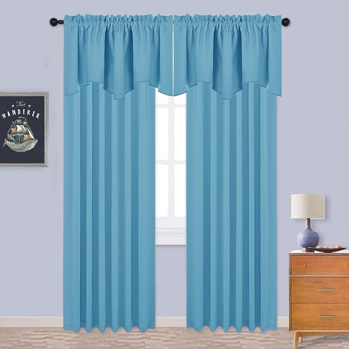 NICETOWN 2 Panels Window Valances Farmhouse 42 x 18 inch Long Window Treatment Thermal Insulated Room Darkening Curtain Valances Rod Pocket for Kitchen/Living Room, Teal Blue