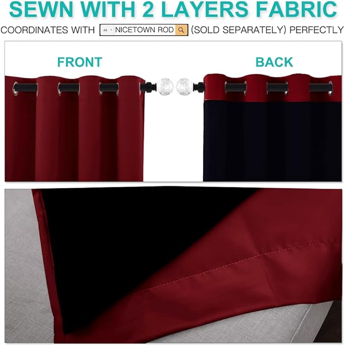 NICETOWN Cold Blocking Curtains, Truly Blackout Drapes, Heavy-Duty Full Light Shading Curtain Set with Black Liner Backing for Villa/Hall/Dorm（Burgundy Red, Set of 2, 52 inches Wide x 95 inches Long