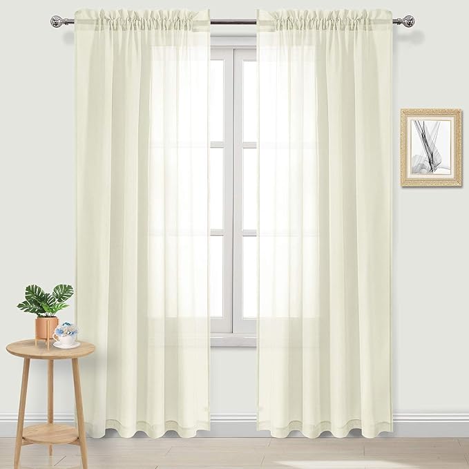 DWCN Ivory Sheer Curtains Semi Transparent Voile Rod Pocket Curtains for Bedroom and Living Room, 52 x 90 inches Long, Set of 2 Panels