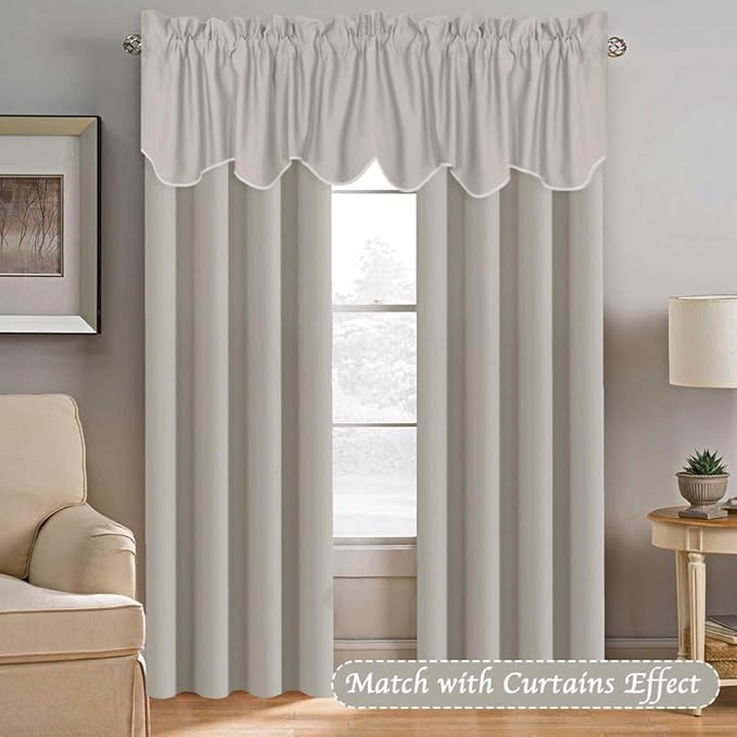 H.VERSAILTEX 4 Panels Blackout Curtain Valances for Kitchen Windows/Living Room/Bathroom Privacy Protection Rod Pocket Decoration Scalloped Window Valance Curtains, 52" W x 18" L, Ivory/Cream