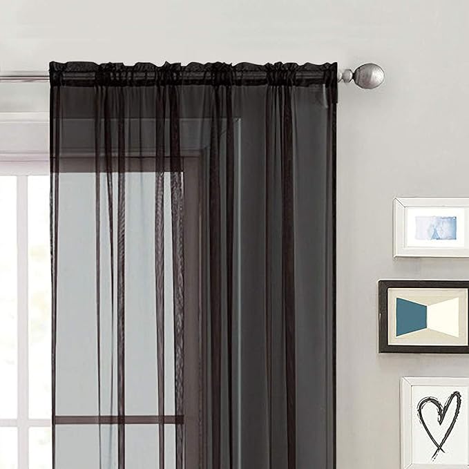 SpaceDresser Sheer Voile Window Treatment Rod Pocket Curtain Panels for Kitchen Bedroom Living Room Drapes Sunlight Filtering Privacy Semi Home Decor Assorted (Black, 52 W x 54 L)