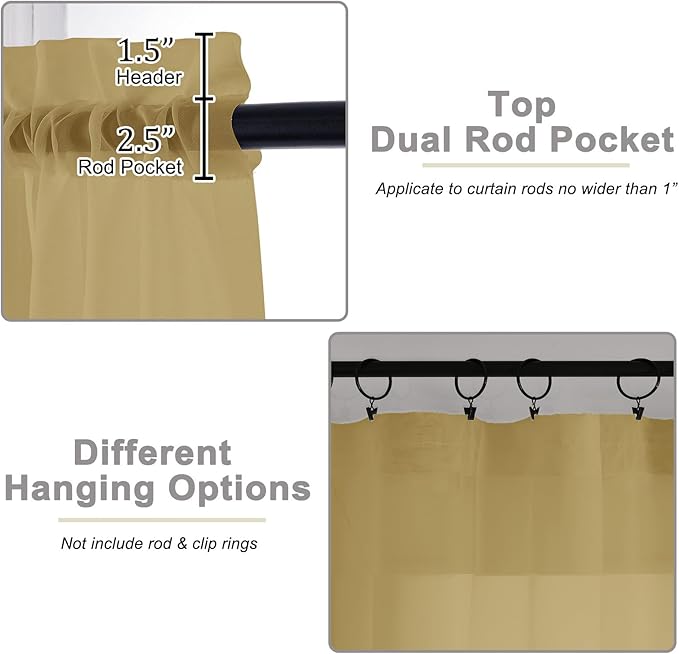 Gold Sheer Curtains for Bedroom Living Room 96 Inches Long 2 Panels, Modern Airy Soft Lightweight Rod Pocket Light Filtering Sheer Curtains Drapes, Gold, Each 59" Wx96 L Inch