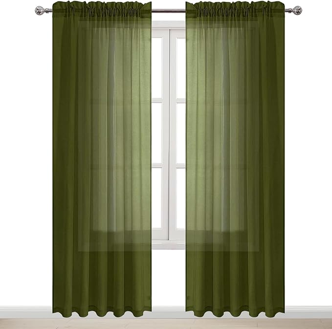 DWCN Olive Green Sheer Curtains Semi Transparent Voile Rod Pocket Curtains for Bedroom and Living Room, 60 x 96 inches Long, Set of 2 Panels