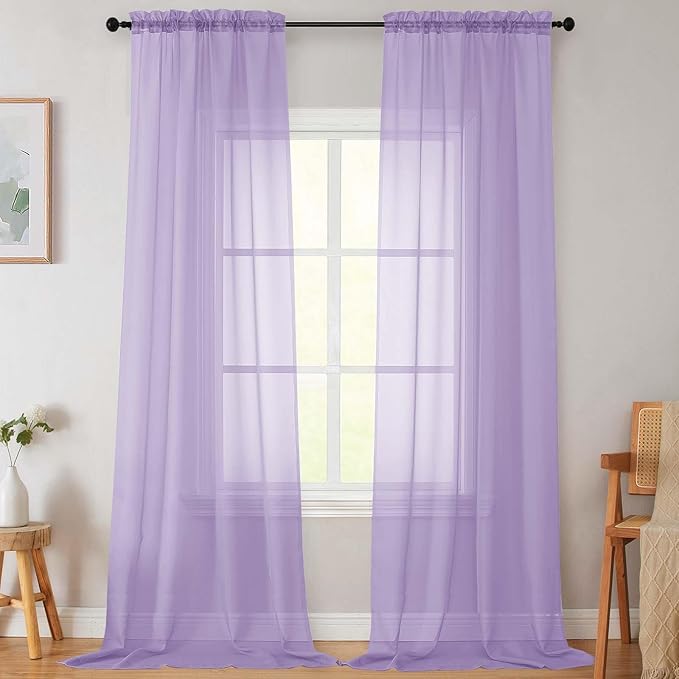 Extra Long Sheer Lavender Curtains for Bedroom Living Room 120 Inches Long 2 Panels Set, Solid Soft Light Filtering Rod Pocket Sheer Window Curtains, Lavender, Each 42" Wx120 L Inch