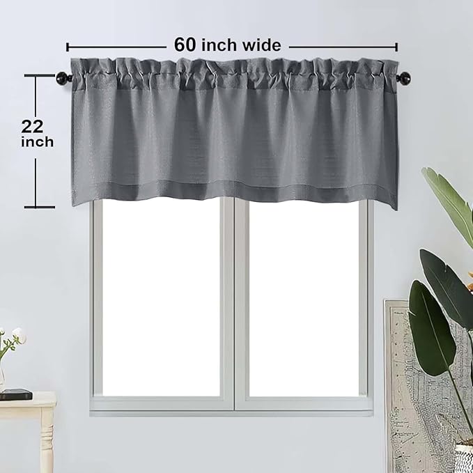 OWENIE Bob 1 PCS Dark Grey Valances for Windows, Faux Linen Textured Kitchen Window Curtains Valance for Bedroom Living Room, Modern Soft Airy Solid Rod Pocket Bathroom Cafe Curtain, 60Wx22L Inch