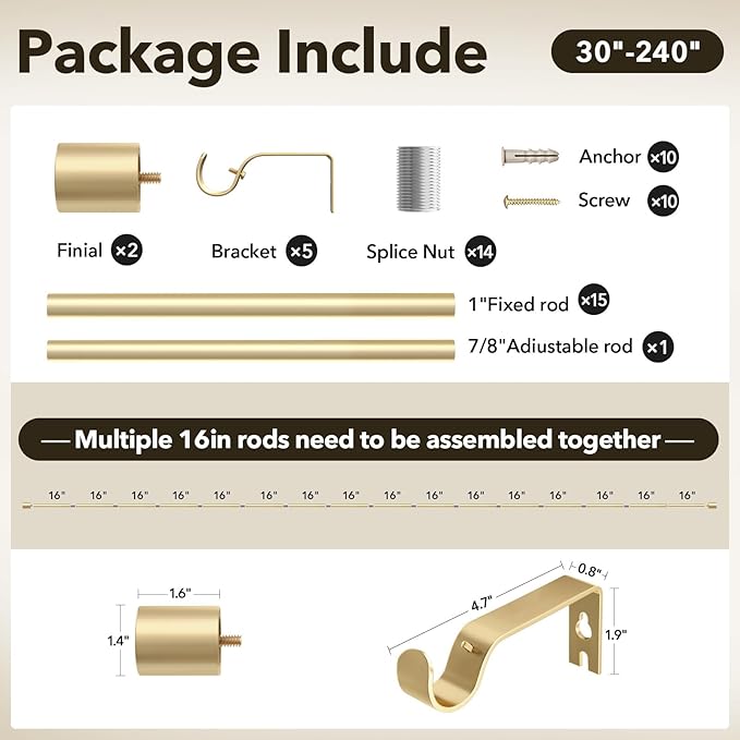 Extra Long Curtain Rods for Windows 32 to 240 Inch, 1 Inch Gold Heavy Duty Curtain Rods for Patio, Farmhouse, Bedroom, Living Room, Adjustable Metal Drapery Rod (A2,Gold,32"-240")