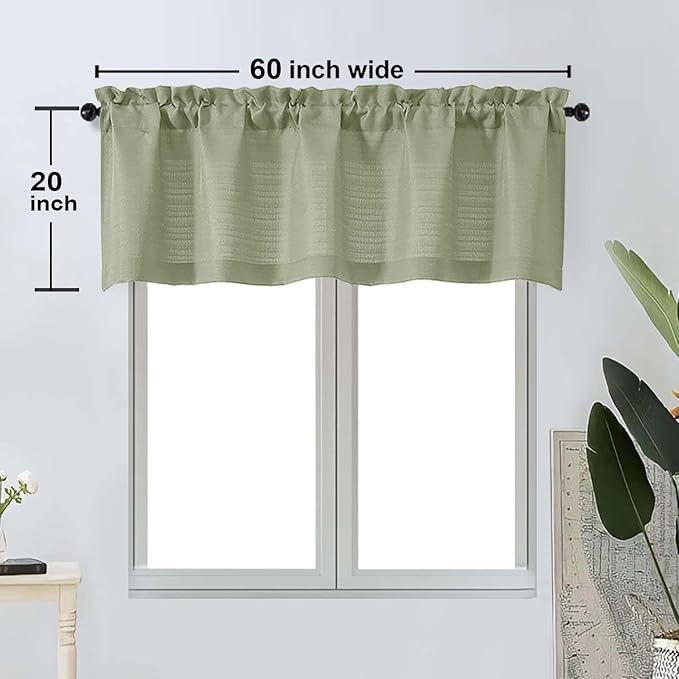 OWENIE Bob 1 PCS Green Valances for Windows, Faux Linen Textured Kitchen Window Curtains Valance for Bedroom Living Room, Modern Soft Airy Solid Rod Pocket Bathroom Cafe Curtain, 60Wx20L Inch