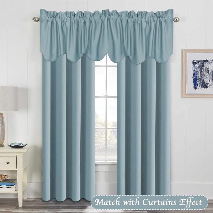 H.VERSAILTEX 4 Panels Blackout Curtain Valances for Kitchen Windows/Living Room/Bathroom Privacy Protection Rod Pocket Decoration Scalloped Window Valance Curtains, 52" W x 18" L, Stone Blue