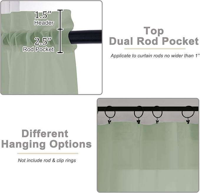Cafe Curtains 36 Inch Length Tier 2 Pieces, Modern Soft Airy Sheer Kitchen Short Curtains for Small Window, Rod Pocket Small Curtain for Bathroom Basement, Sage Green, Each, 42"Wx36"L Inches