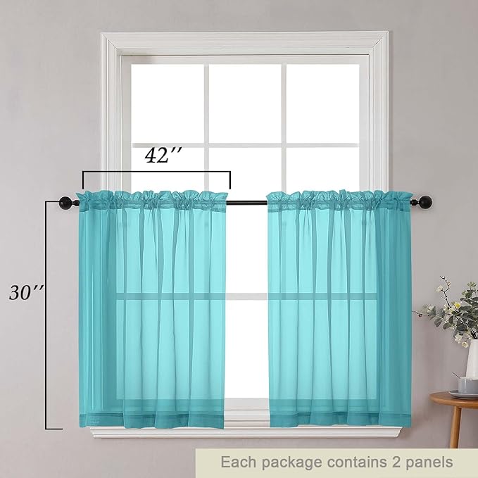 Turquoise Kitchen Curtains 30 Inch Length Tier 2 PCS, Solid Soft Half Curtains for Windows, Turquoise Sheer Rod Pocket Drapes for Bathroom Basement Small Window, 42" Wx30 L Inch