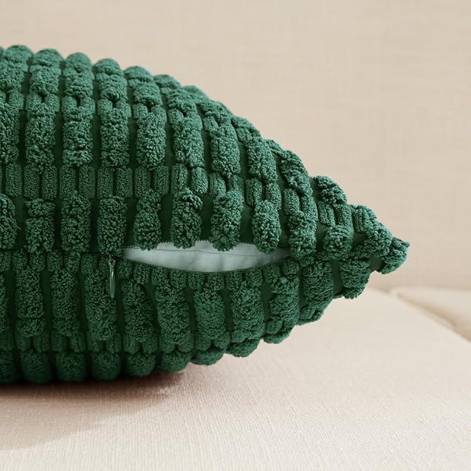 Fancy Homi Set of 4 Dark Green Boho Decorative Throw Pillow Covers 16x16 Inch for Couch Bed Sofa, Aesthetic Modern Bohemian Room Decor, Soft Fuzzy Fluffy Cozy Corduroy Textured Cushion Case 40x40cm