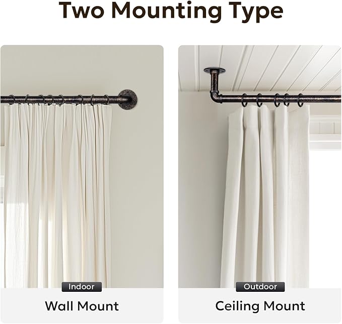 Zeerobee Curtain Rods for Windows 66 to 120, 1 Inch Industrial Wrap Around Vintage Bronze Curtain Rod, Indoor/Outdoor Room Divider Adjustable Drapery Pole, 66"-120"