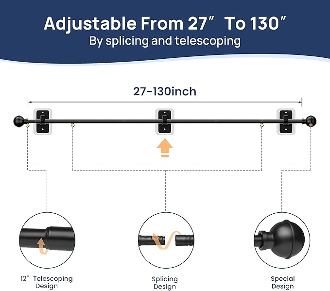 ENJOYBASICS No Drill Curtain Rods for Window 66 to 120 Inches, 5/8 Inch Diameter Renter Friendly Drapery Rod with Adhesive Brackets without Drilling, Adjustable from 27 to 130 Inches, Black