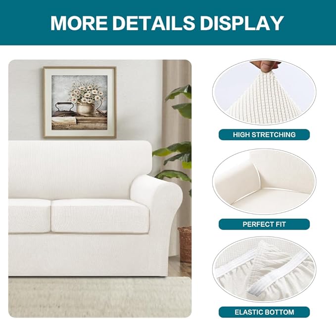 Turquoize 3 Piece Sofa Covers for 2 Cushion Couch Sofa Slipcover Soft Couch Cover for Dogs-Washable Sofa Furniture Cover with 2 Individual Cushion Covers, Feature Fabric (2 Cushion Sofa, Porcelain)